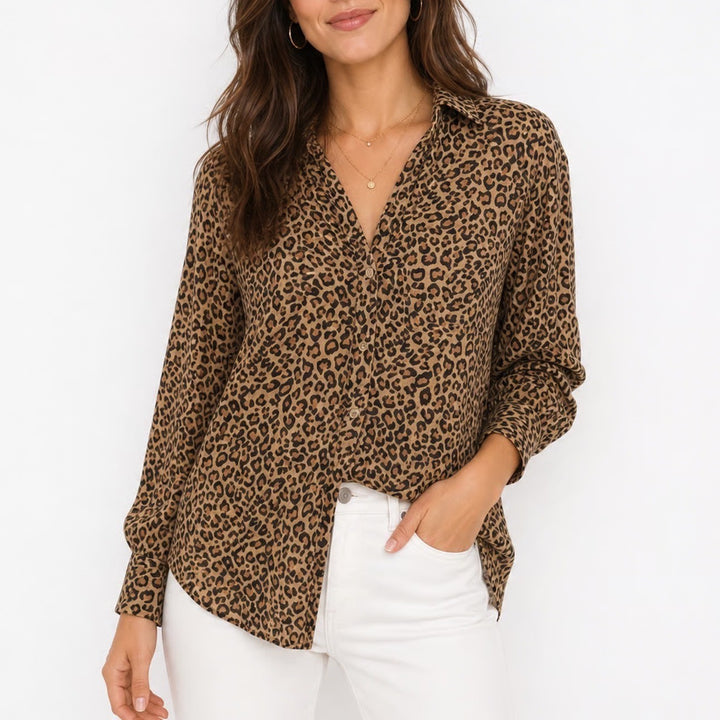 Beachlunchlounge Leopard Print Button Down Shirt Viscose Long Sleeve Blouse M
