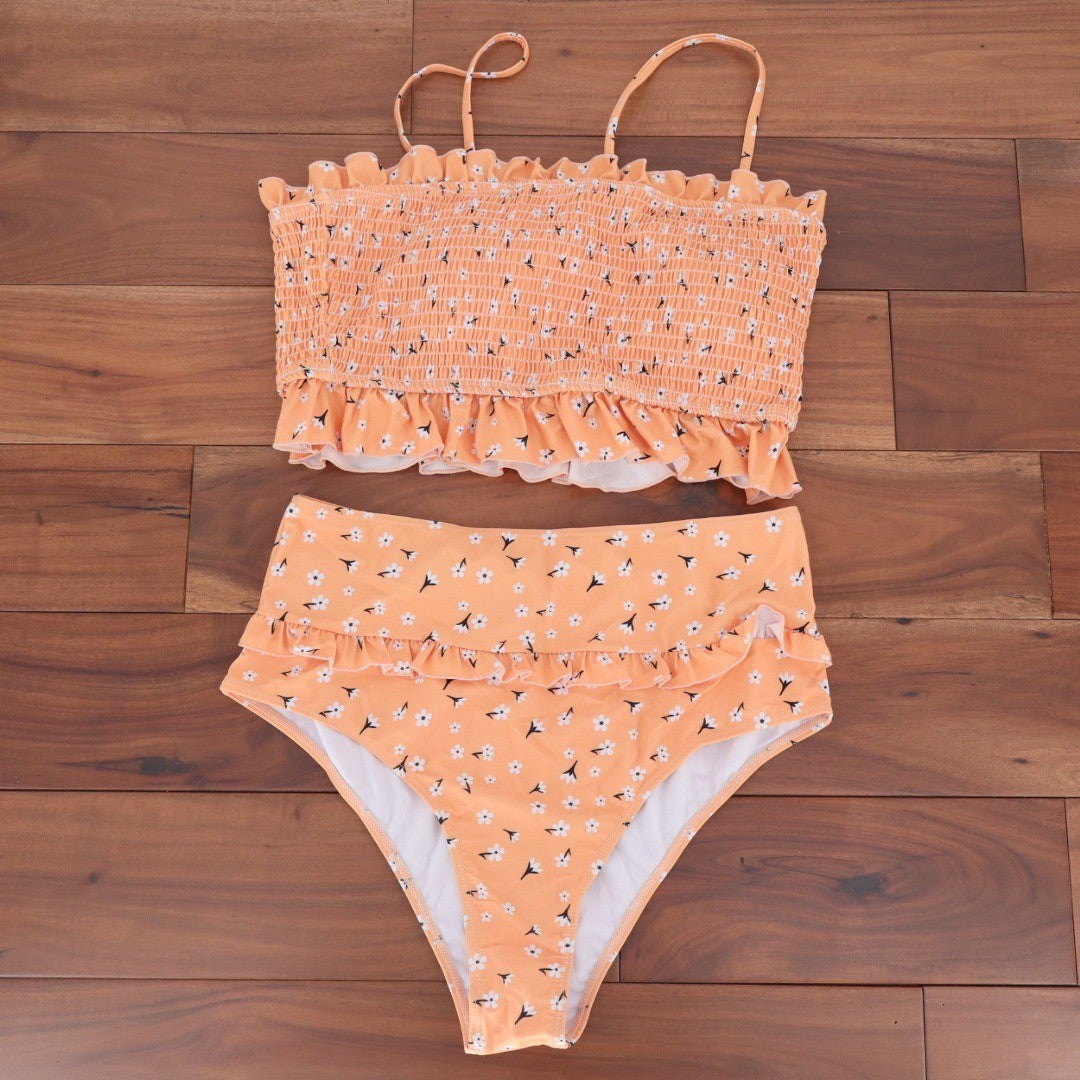 Peach Floral Smocked Bikini Ruffle High Waist Swimsuit XL