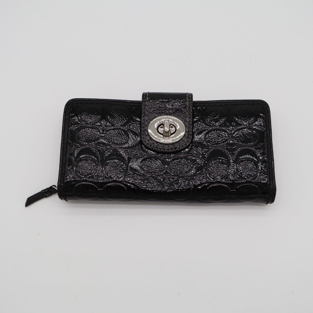 Coach Womens Black Leather Signature Embossed Credit Card Slots Turnlock Wallet