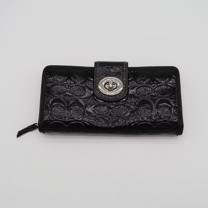 Coach Womens Black Leather Signature Embossed Credit Card Slots Turnlock Wallet