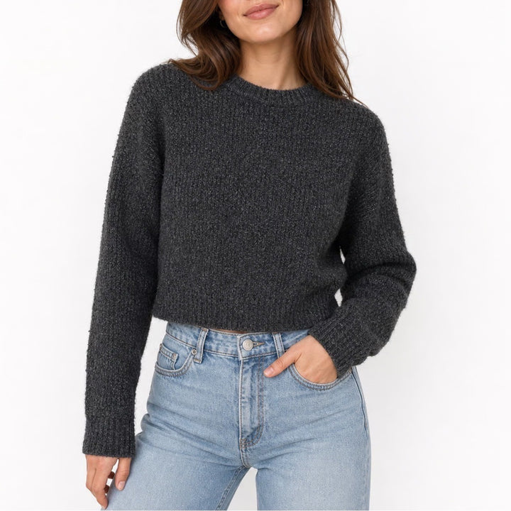 Zara Womens Charcoal Grey Textured Boucle Knit Cropped Crew Neck Sweater Size M
