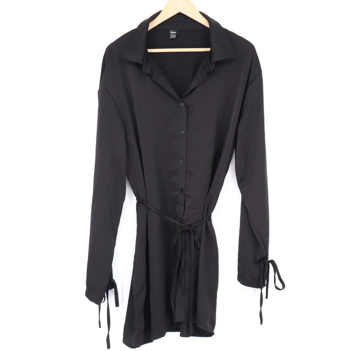 SHEIN Black Button Down Long Sleeve Shirt Dress with Waist Tie and Cuff Ties L