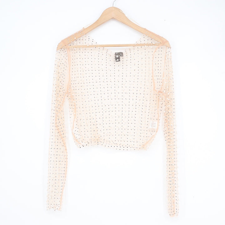 Windsor Peach Mesh Rhinestone Pearl Embellished Long Sleeve Crop Top Large