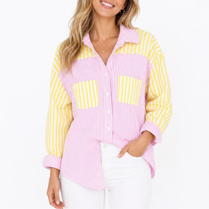 Pink Yellow Striped Colorblock Cotton Button Down Shirt Large