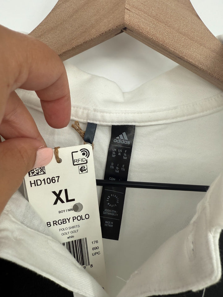Adidas Rugby Polo Shirt Boys XL Black White Striped Trefoil Logo Cotton Golf