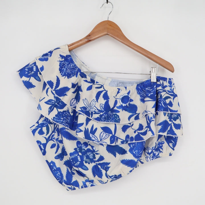 Blue White Floral One Shoulder Ruffle Crop Top Tiered Asymmetric Summer Blouse
