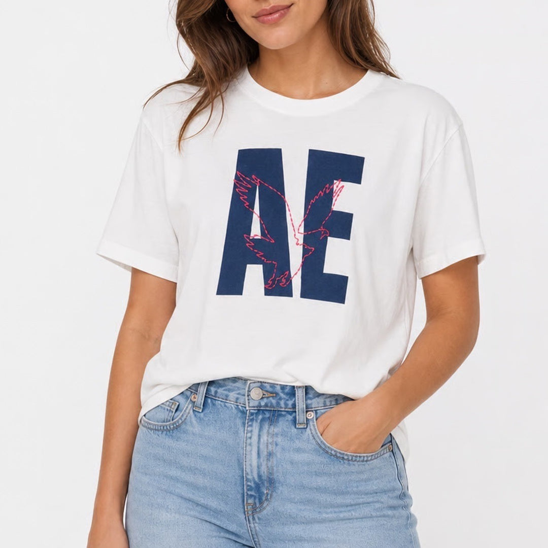 American Eagle White Graphic T-Shirt Navy AE Logo Pink Eagle Stitching Mens M