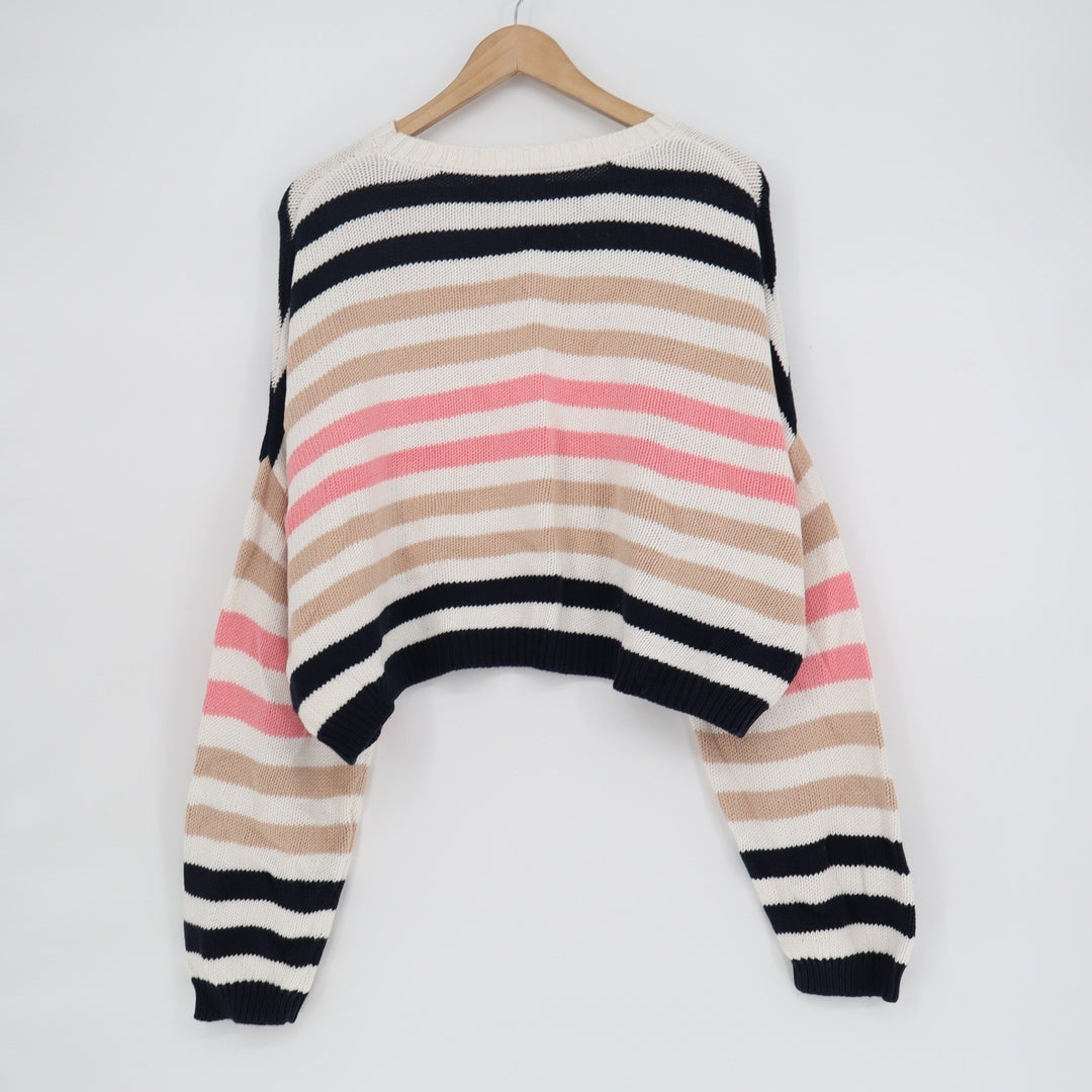 Mi Ami Womens Striped Cropped Cotton Knit Sweater Navy Pink Tan White Large