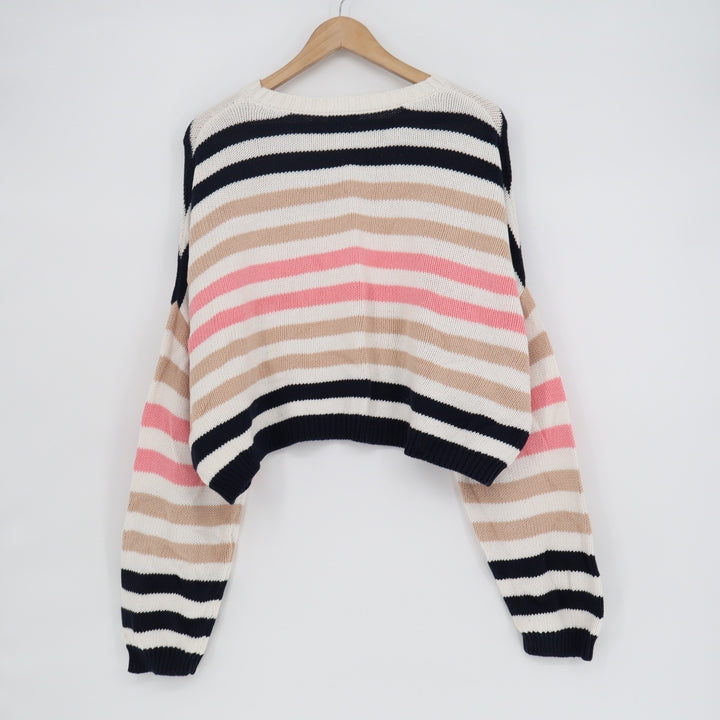 Mi Ami Womens Striped Cropped Cotton Knit Sweater Navy Pink Tan White Large