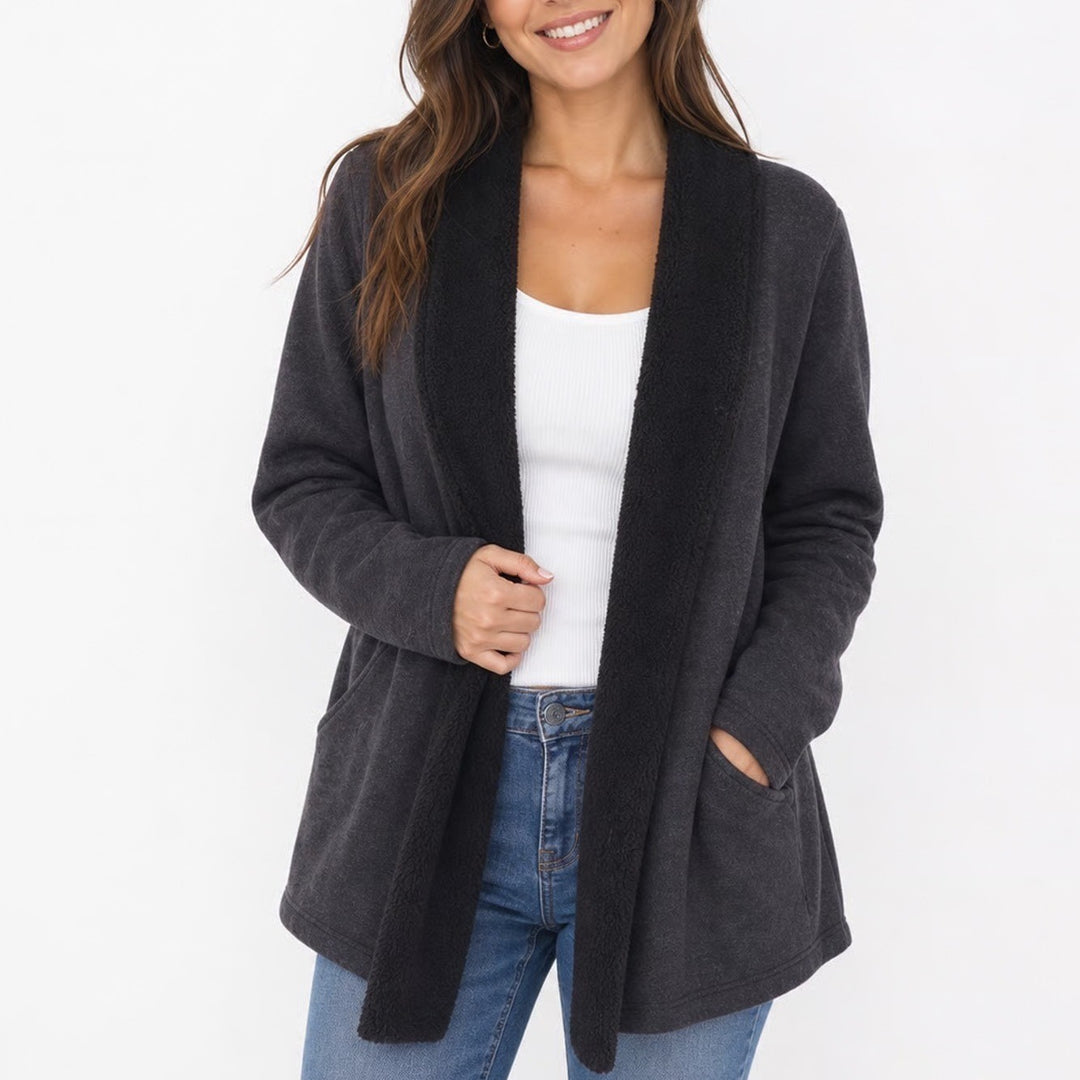 Eddie Bauer Womens Medium Gray Sherpa Lined Open Front Cardigan Jacket Shawl