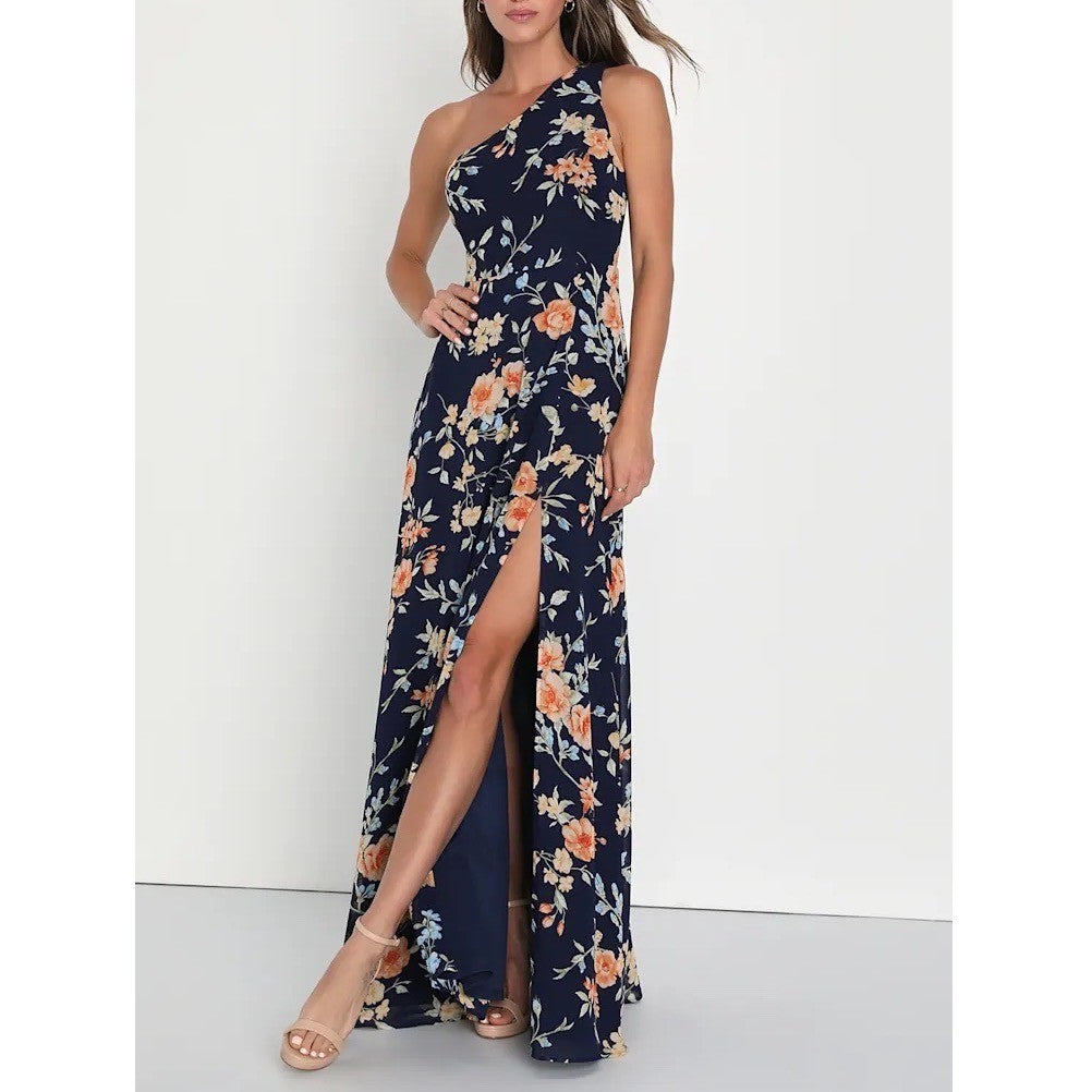Lulus Elegant Admiration Maxi Dress Womens L Blue Floral One-Shoulder Front Slit