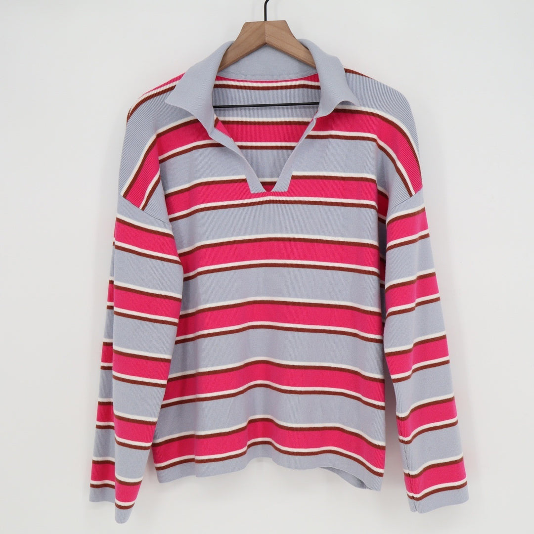 Pink Blue Striped Long Sleeve Knit Polo Sweater V-Neck Collar Size L