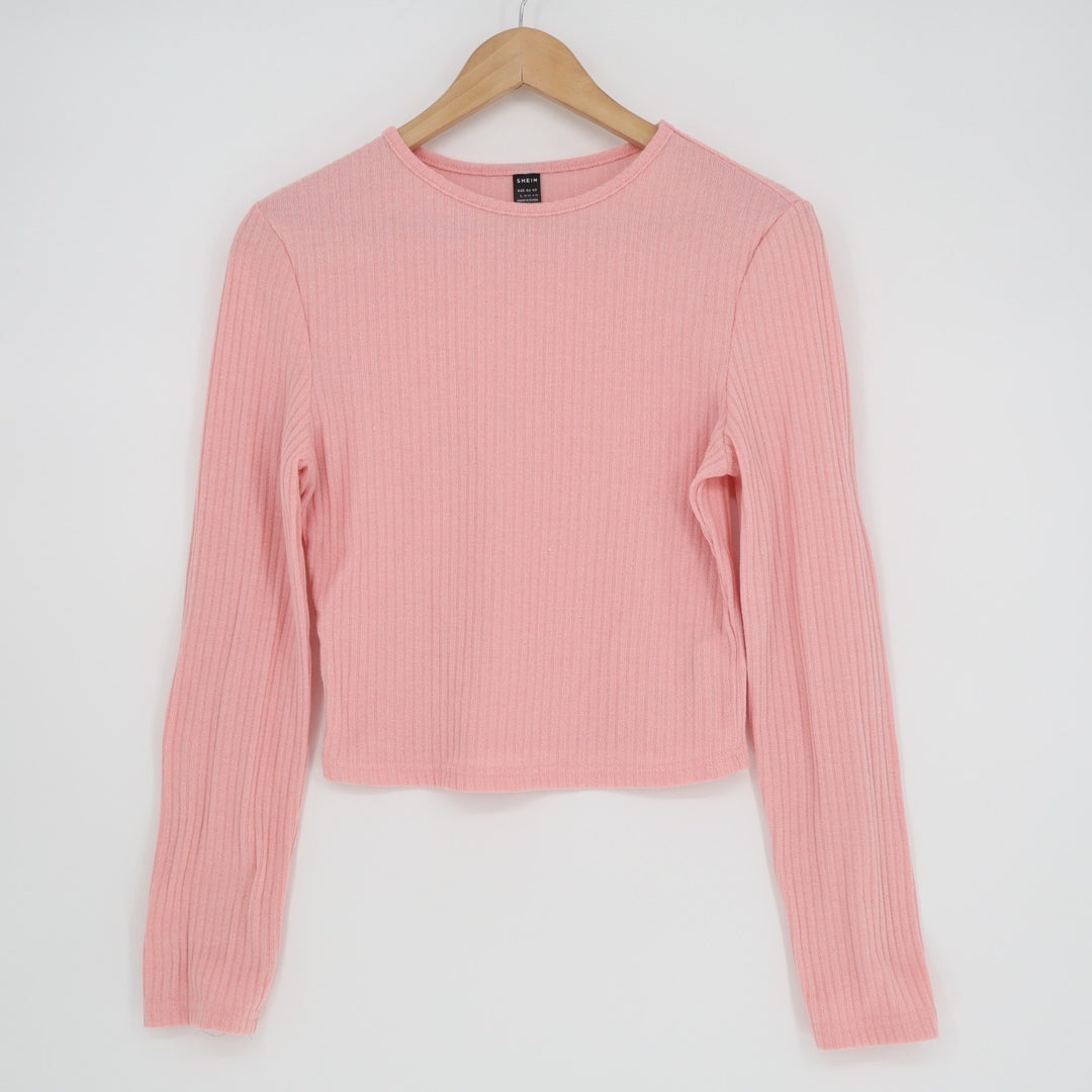 Shein Essnce Crop Sweater Womens Large Baby Pink Stretch Rib Knit Long Sleeve