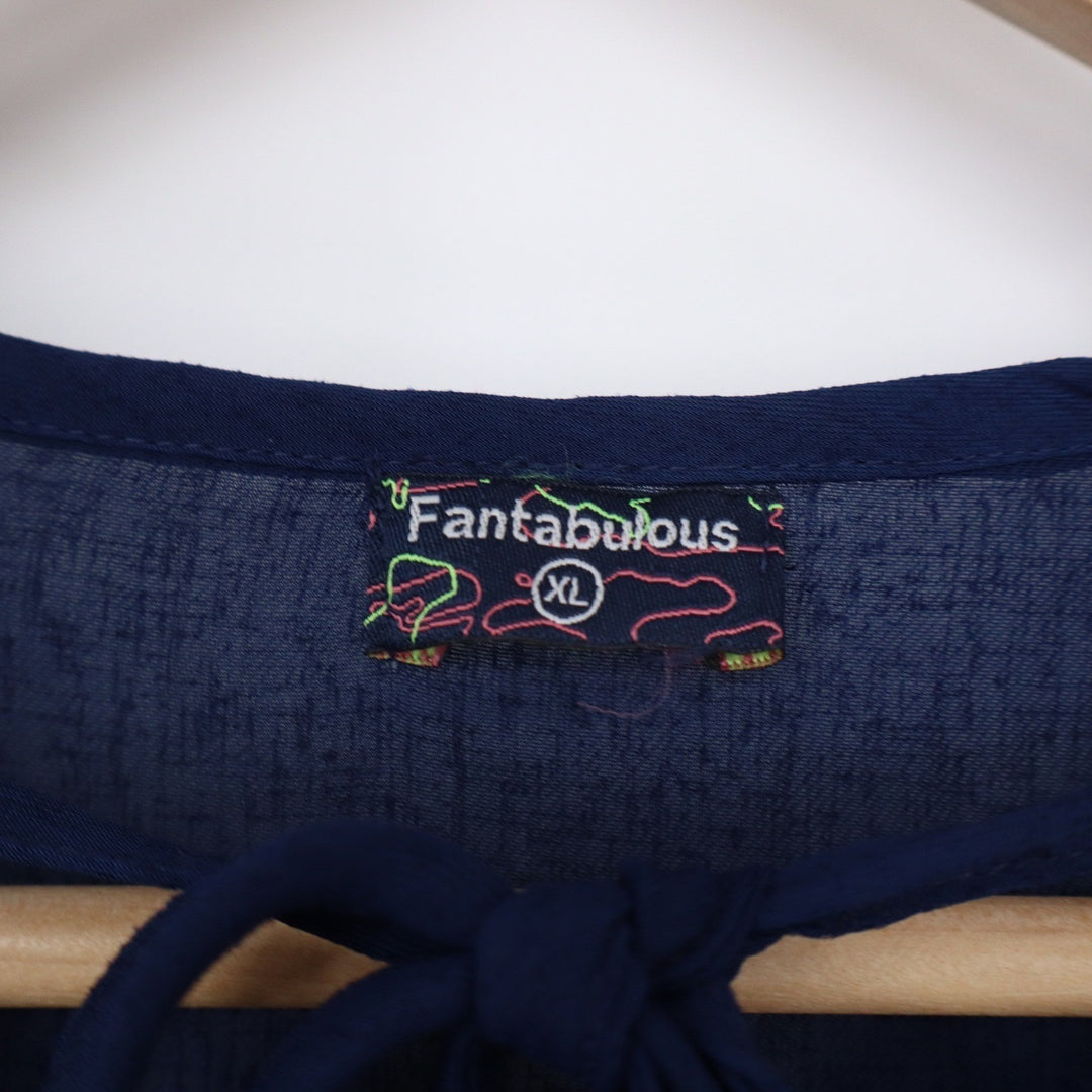 Fantabulous Navy Blue Tie Neck Cape Overlay Chiffon Blouse XL Butterfly Sleeve