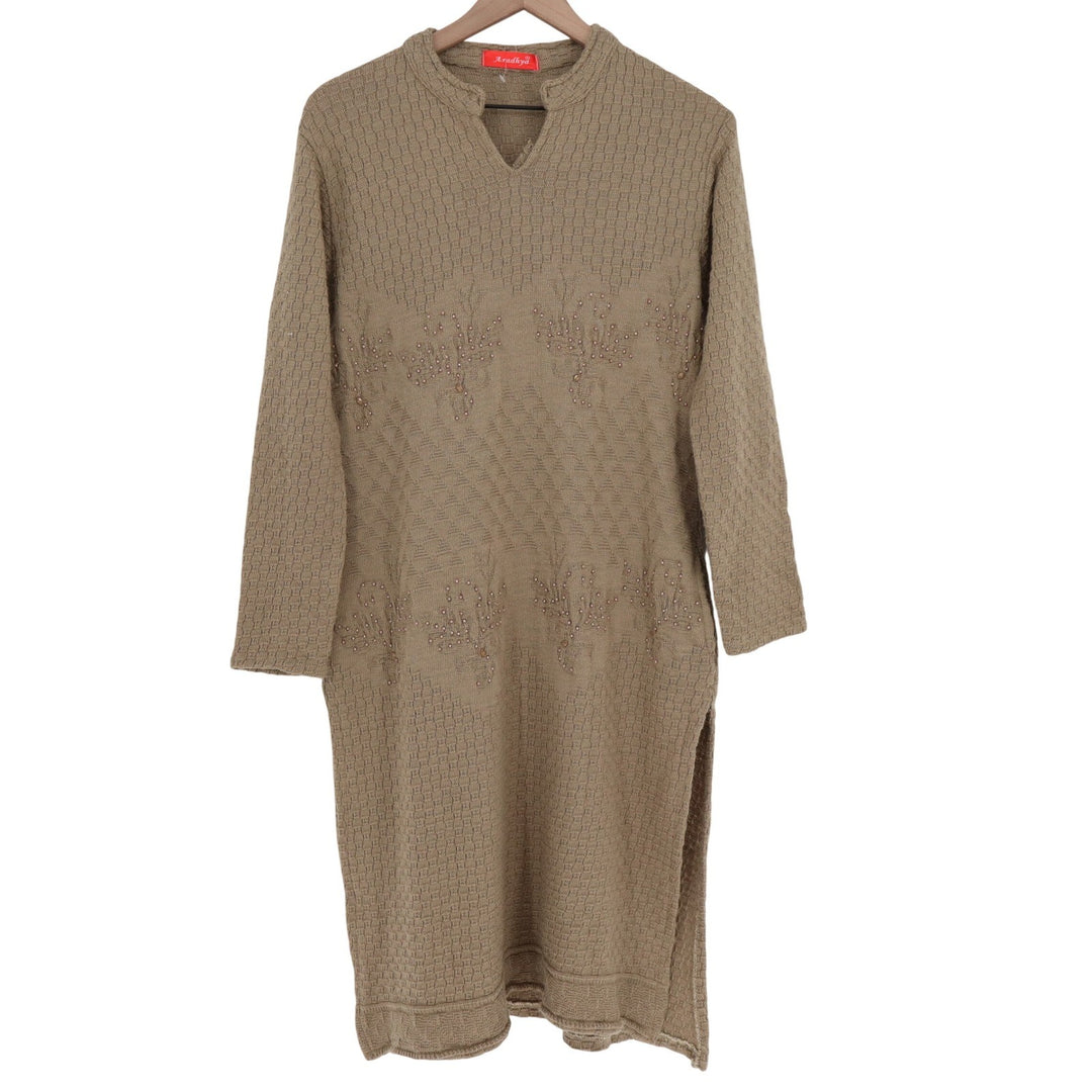 Aradhya Tan Brown Knit Long Sleeve Beaded Kurta Tunic Split Neck L