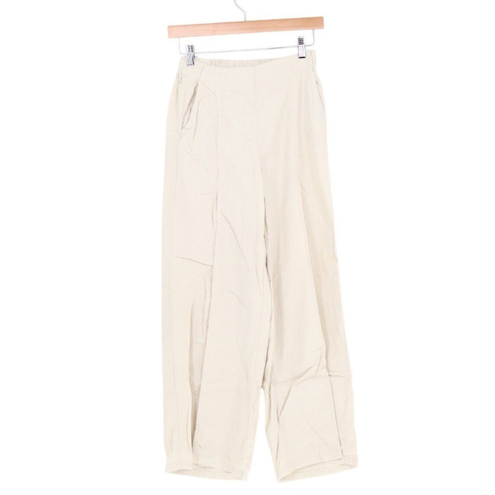 HG Trousers Womens Small Beige Pleated Elastic Waist Slash Pockets Wide Leg