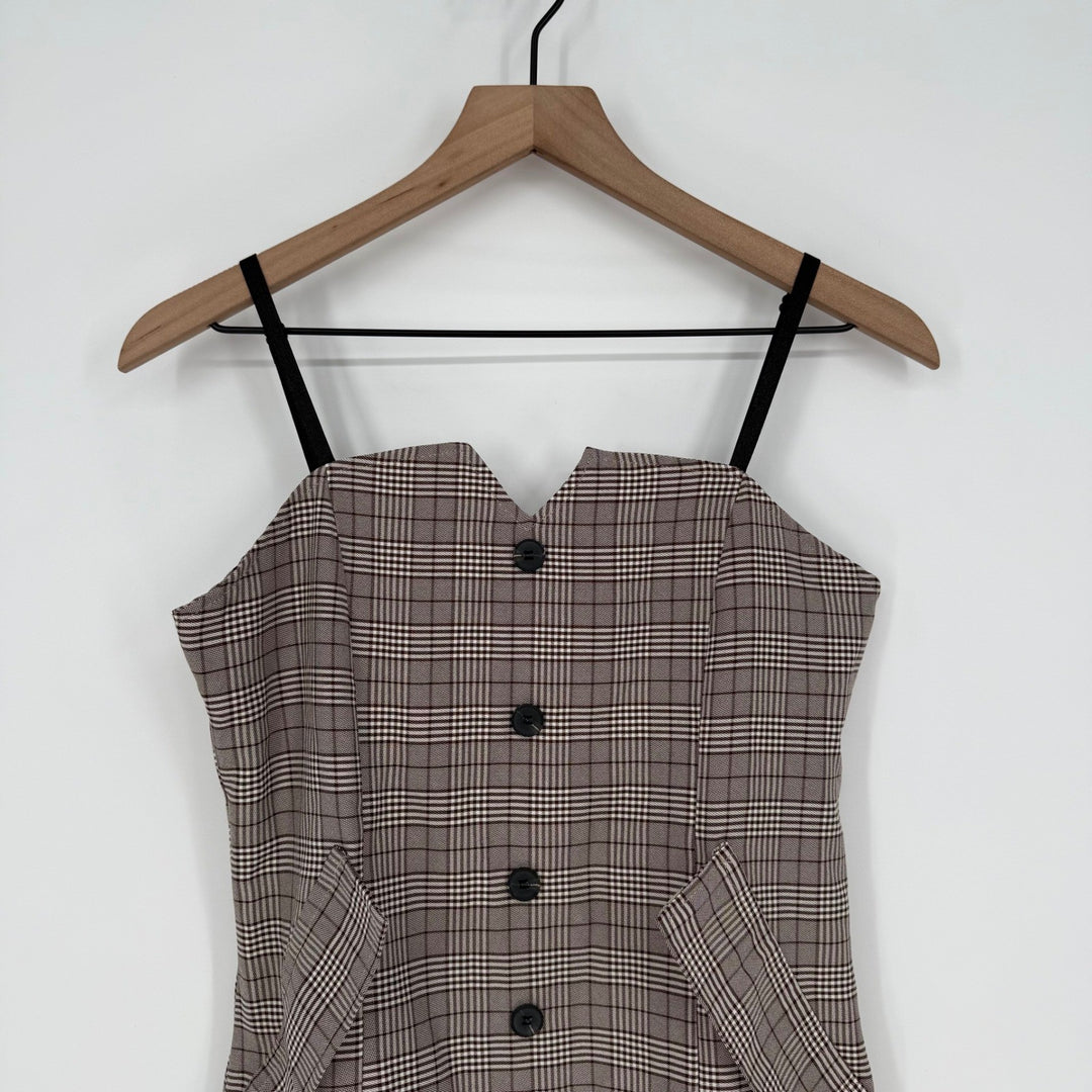 Plaid Button Front Mini Dress Sweetheart Neckline Adjustable Straps Pockets