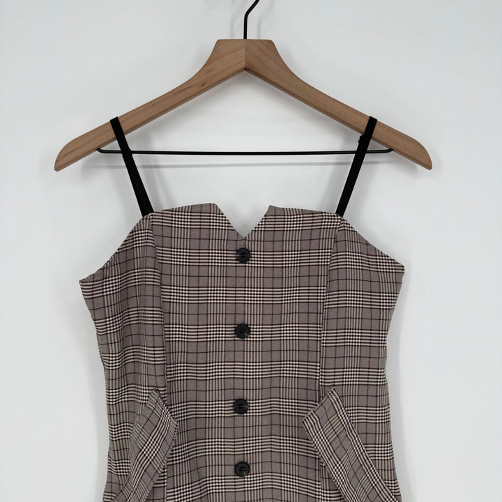 Plaid Button Front Mini Dress Sweetheart Neckline Adjustable Straps Pockets
