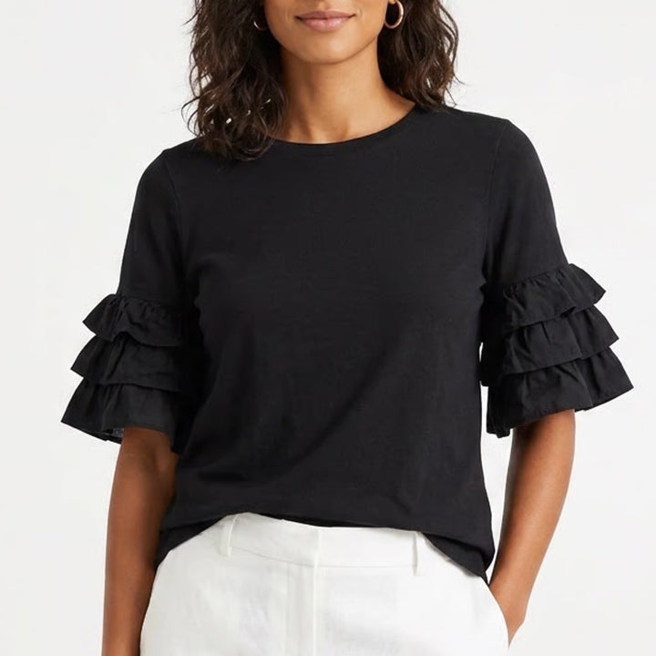 HM Black Tiered Ruffle Short Sleeve Cotton Top Crew Neck Size S