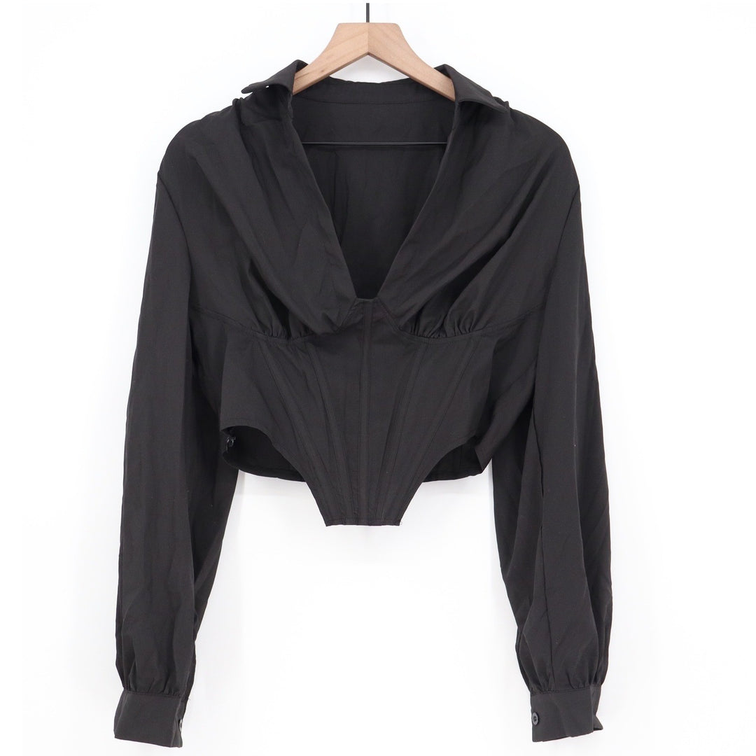 SHEIN Black Corset Style Cropped Blouse Long Sleeve V-Neck Top Large KLB
