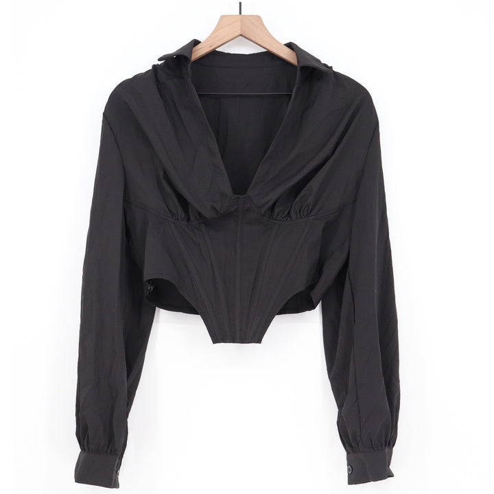 SHEIN Black Corset Style Cropped Blouse Long Sleeve V-Neck Top Large KLB