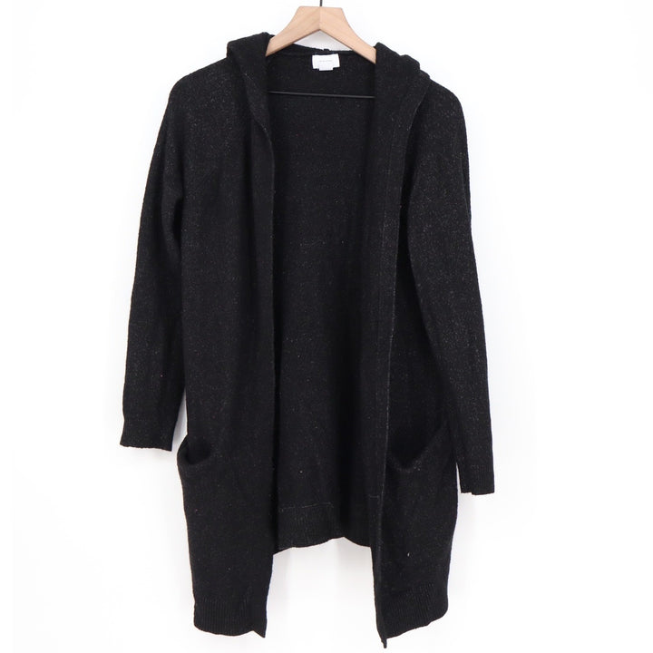Old Navy Womens Black Marled Hooded Open Front Longline Cardigan Sweater M