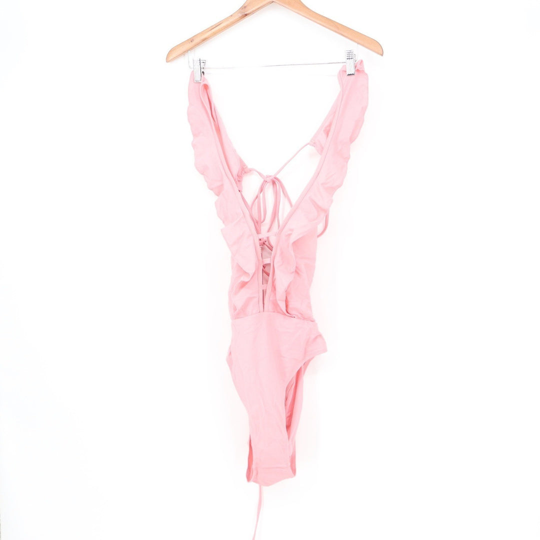 Zaful Pink Ruffle Deep V-Neck Lace-Up Back One Piece Swimsuit Womens Size L 8