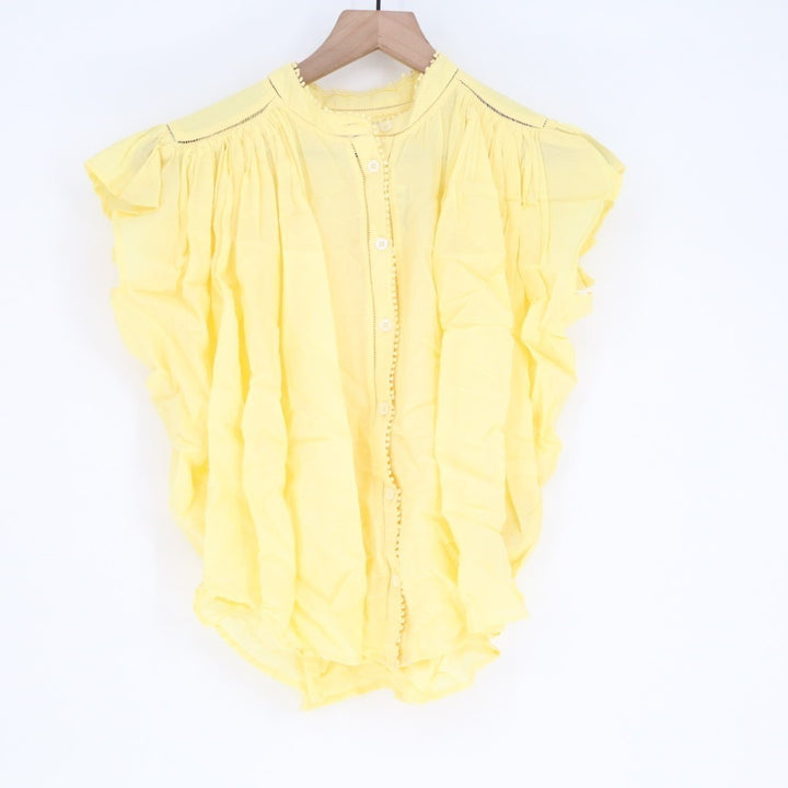 Madewell Shirt Womens Small Lemon Yellow Cotton Pleated Cap Sleeve Button Front