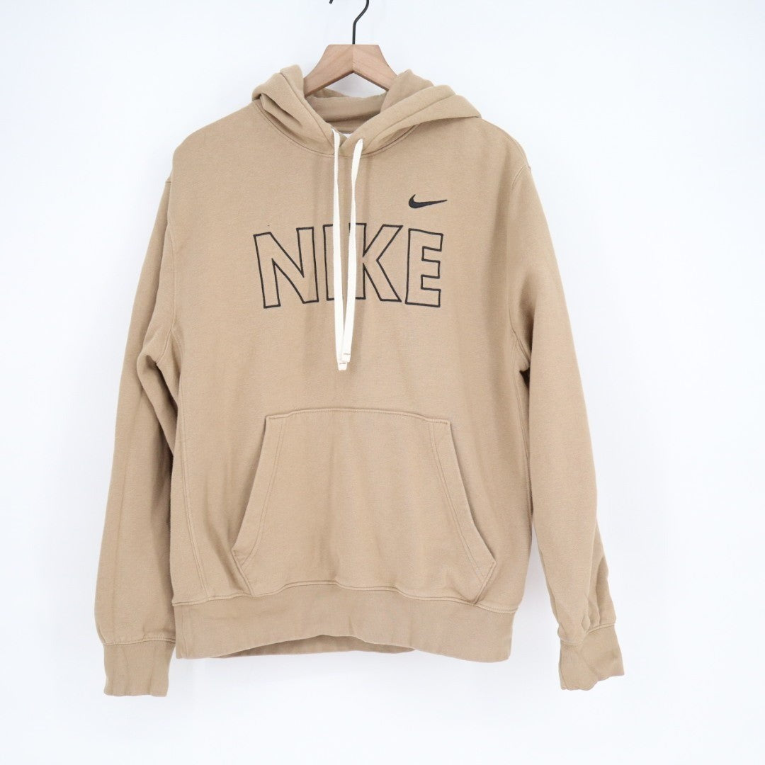 Nike Hoodie Mens Large Beige Fleece Lined Kangaroo Pockets Ribbed Hem Pullover