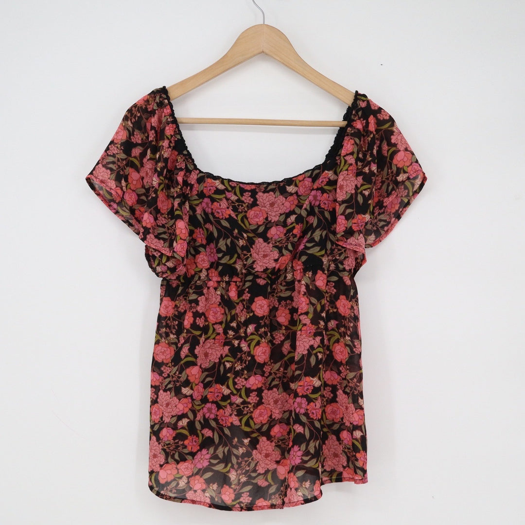 Wild Fable Floral Flutter Sleeve Tie Front Blouse Black Pink Sweetheart Neck M