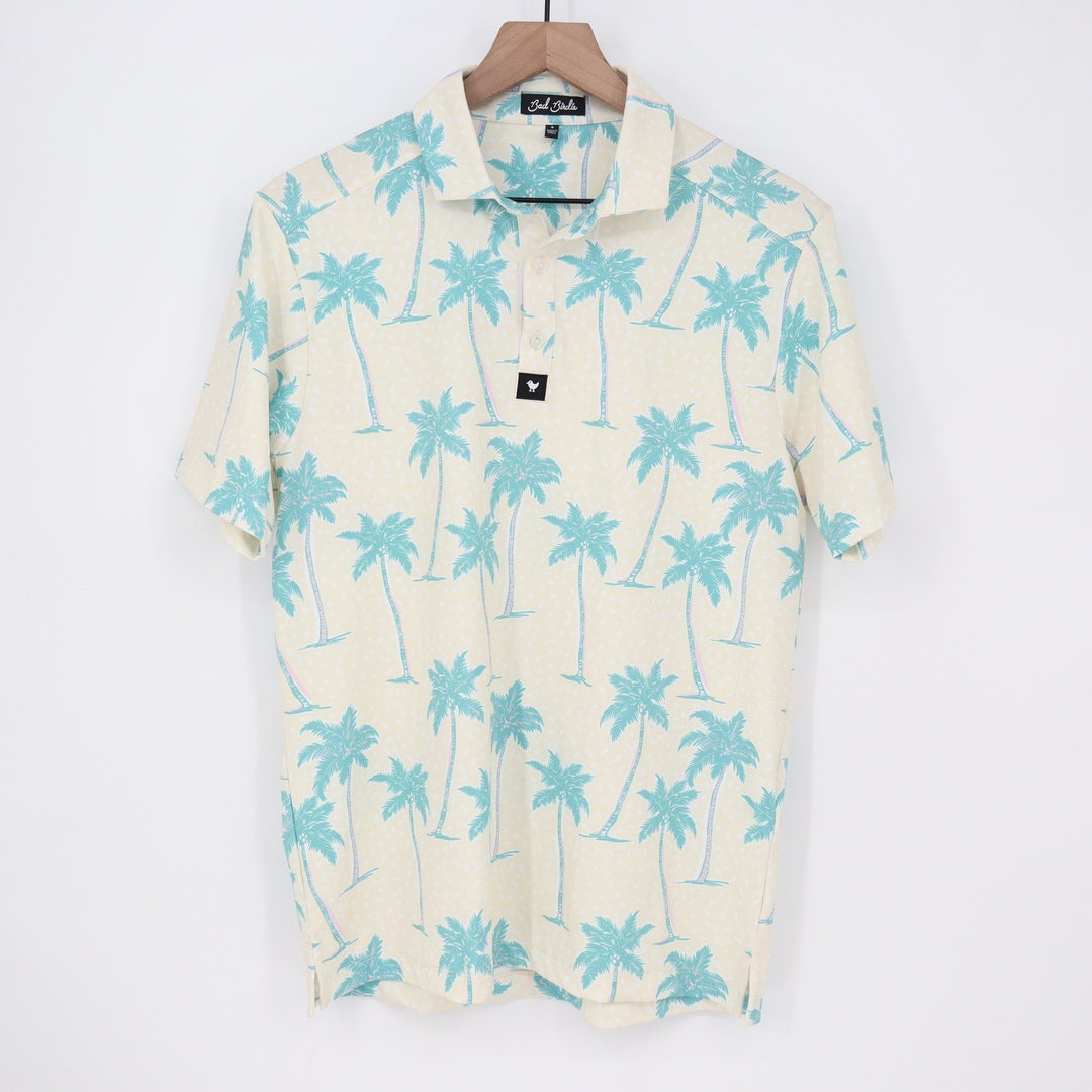 Bad Birdie Mens Small Palm Tree Tropical Golf Polo Shirt Cream Teal