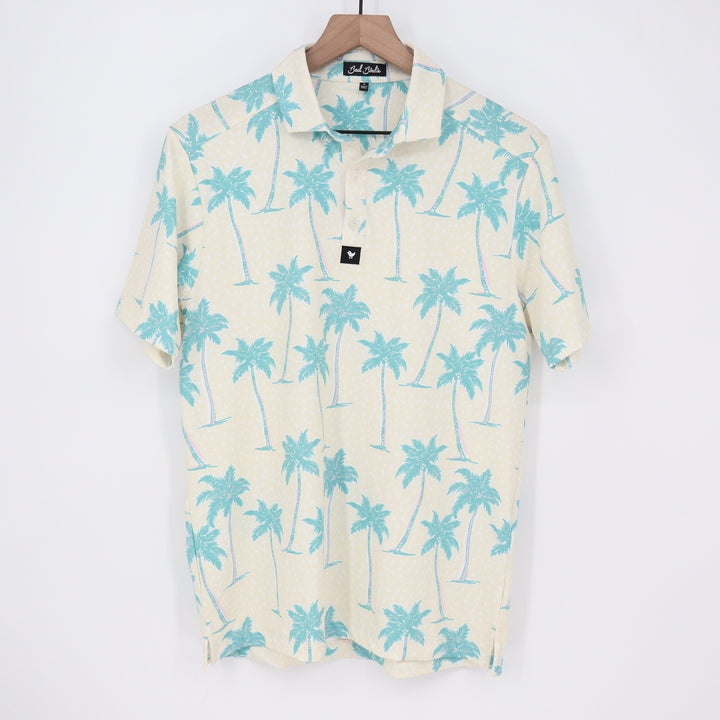 Bad Birdie Mens Small Palm Tree Tropical Golf Polo Shirt Cream Teal