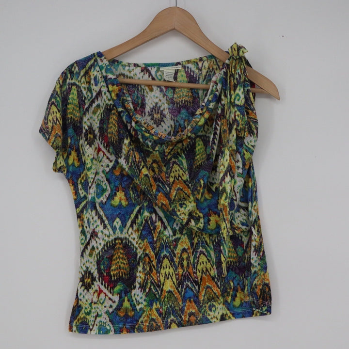 Tru Self Multicolor Ikat Cowl Neck Tie Shoulder Top Petite Small PS