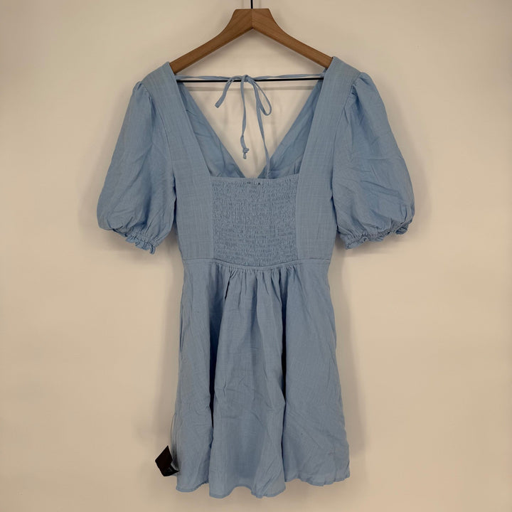 Lulus Dreaming Of Paris Blue Puff Sleeve Mini Dress With Pockets Size M