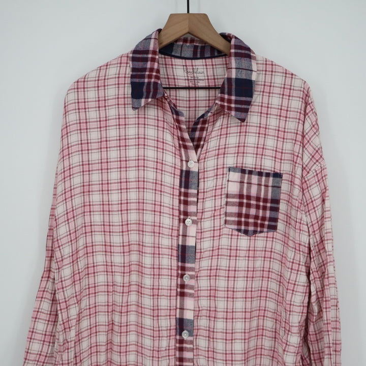 Roudelain Flannel Sleep Shirts Womens L Pink Pleated Spread Collar Long Sleeve