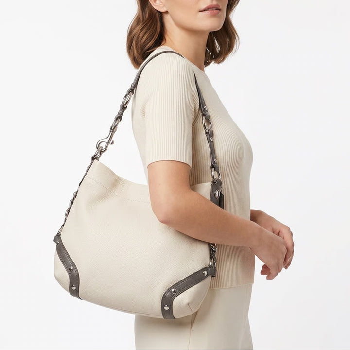 Coach Shoulder Bag Women's Hobo Cream Grey Pebbled Leather Studded Good