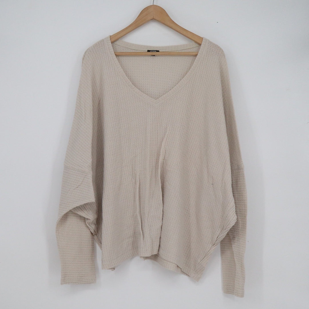 Express Relaxed Waffle Knit V-Neck Batwing Sleeve Top Beige XL