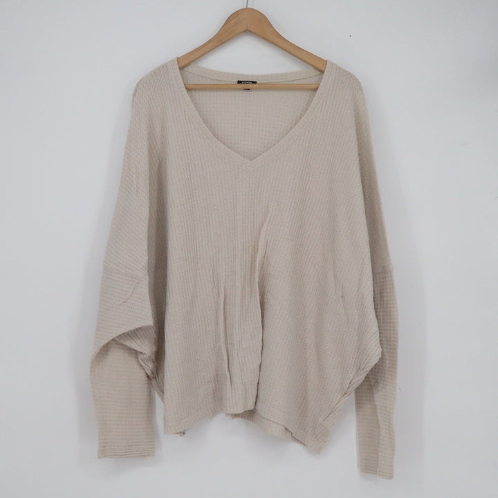Express Relaxed Waffle Knit V-Neck Batwing Sleeve Top Beige XL