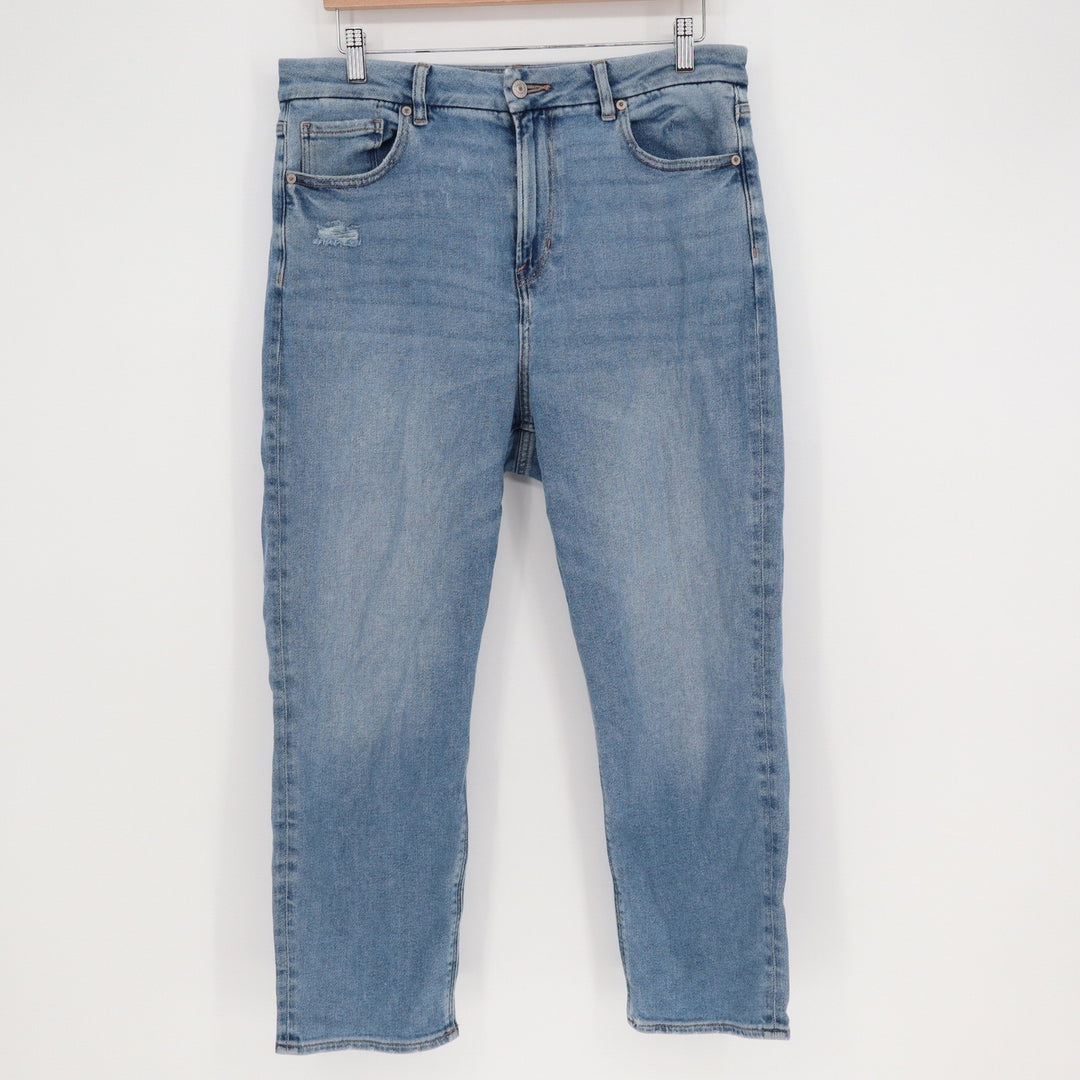 American Eagle Mom Jeans Size 14 Short Light Wash Distressed High Rise Stretch