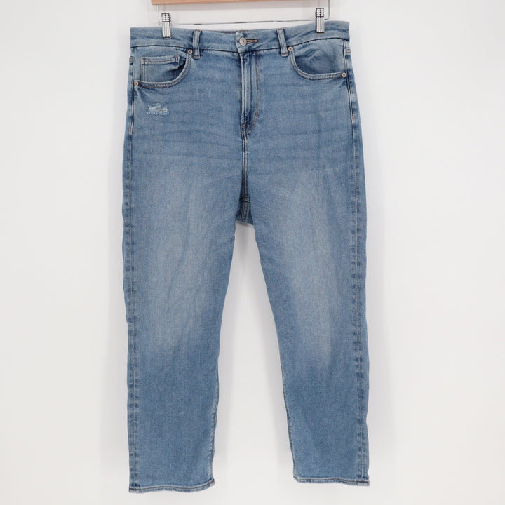 American Eagle Mom Jeans Size 14 Short Light Wash Distressed High Rise Stretch