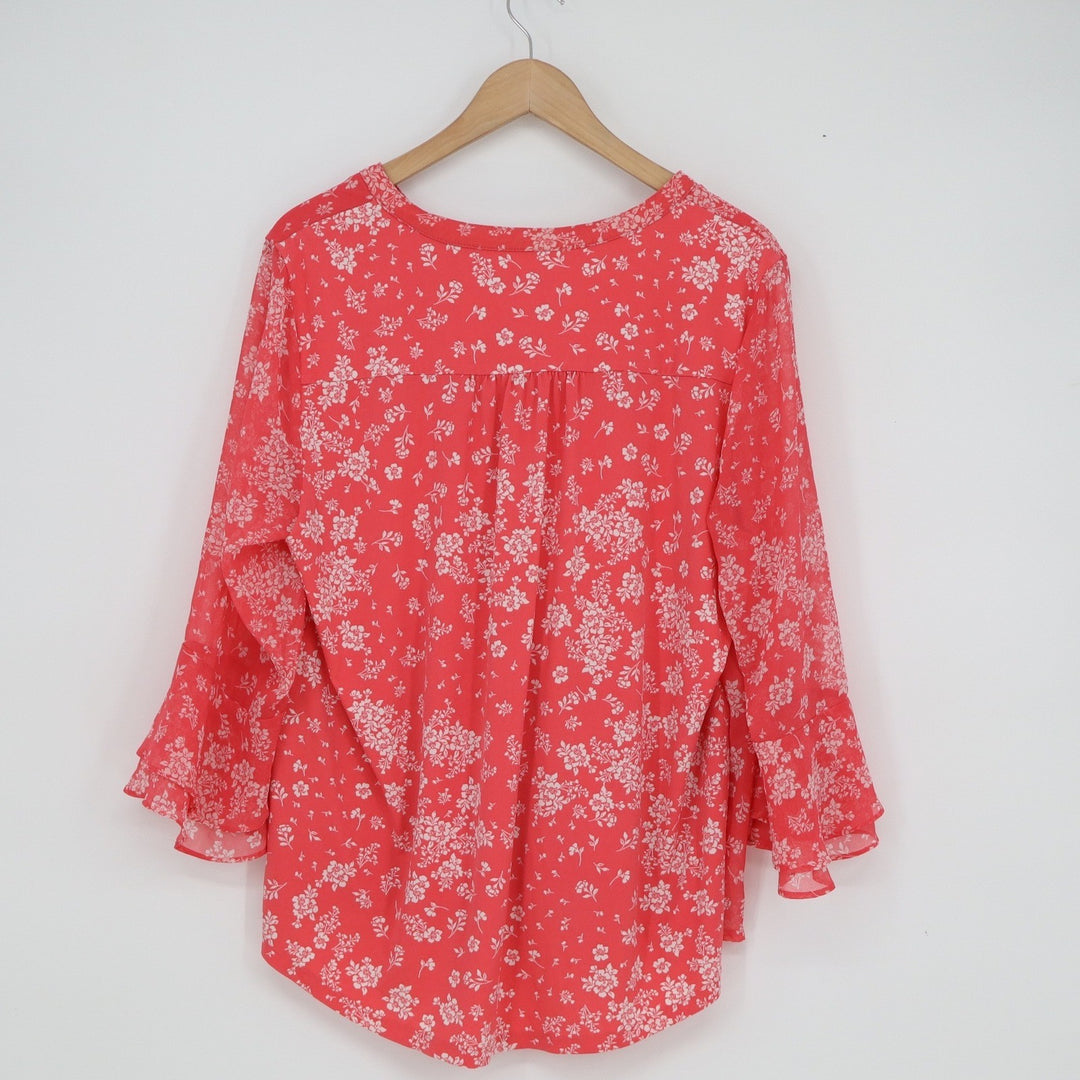 Charter Club Womens Coral Red Floral Pleated V-Neck Tiered Bell Sleeve Blouse L