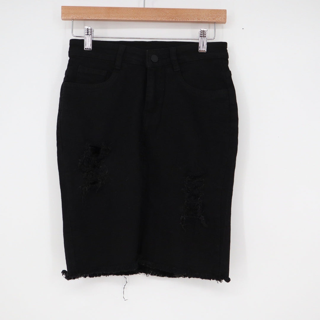 Unbranded Black Distressed Denim Pencil Skirt Raw Hem Size Medium