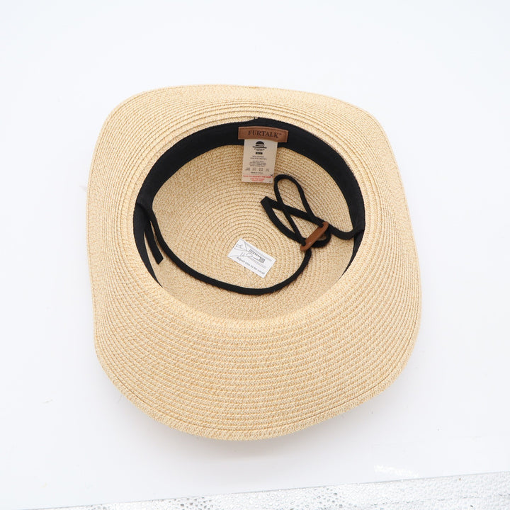 FURTALK Sun Hat Womens M/L Wide Brim Packable Straw Beige Ribbon Bow Excellent