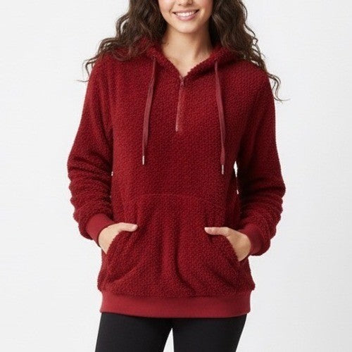 Fleece Hoodie Womens Medium Dark Red Stretch Quarter Zip Ribbed Hem Long Sleeve