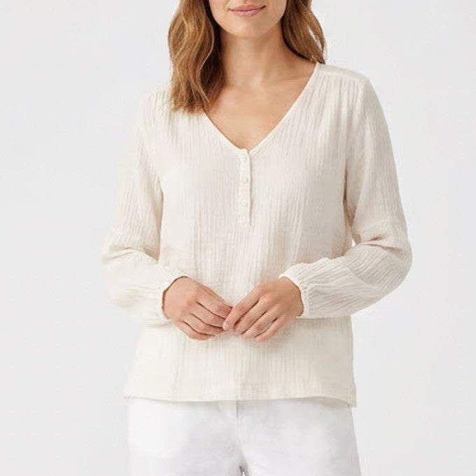 Abercrombie & Fitch White Gauze Henley Long Sleeve Top V-Neck Size M