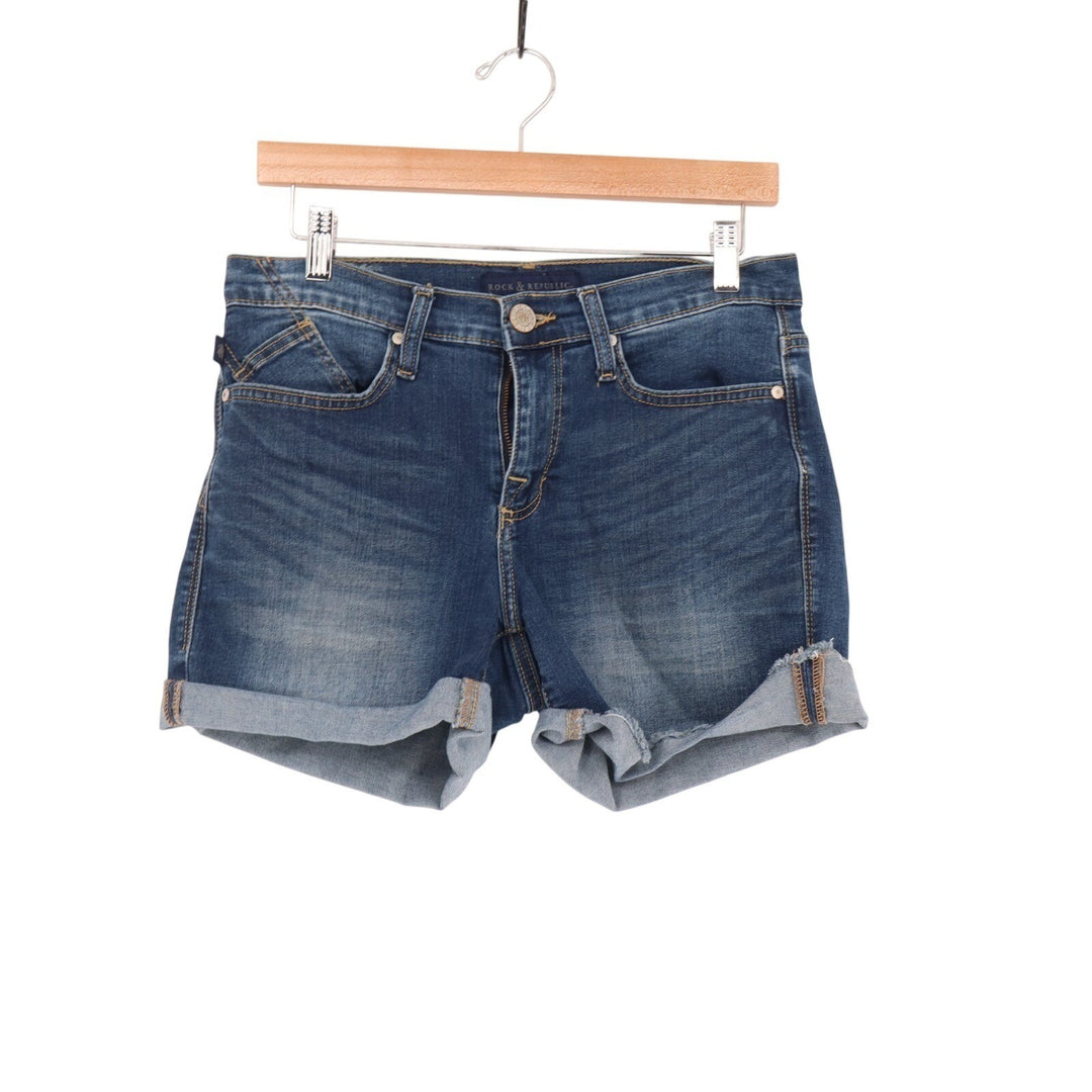 Rock & Republic Cuffed Shorts Womens 8 Blue Medium Wash Denim Cotton Frayed Hem