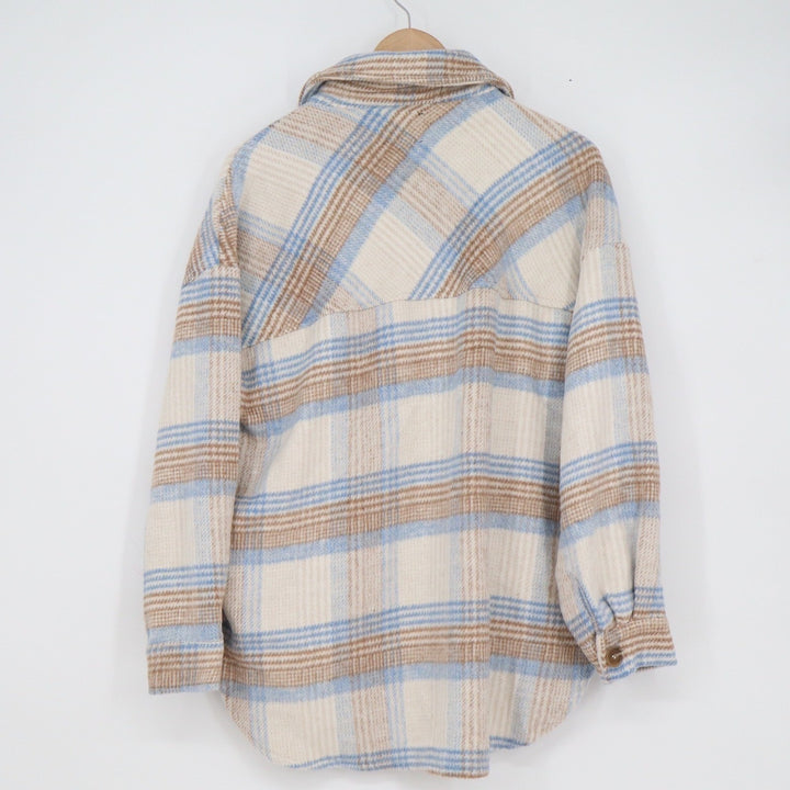 Timing Womens Plaid Shacket Blue Tan Oversized Button Up Shirt Jacket S