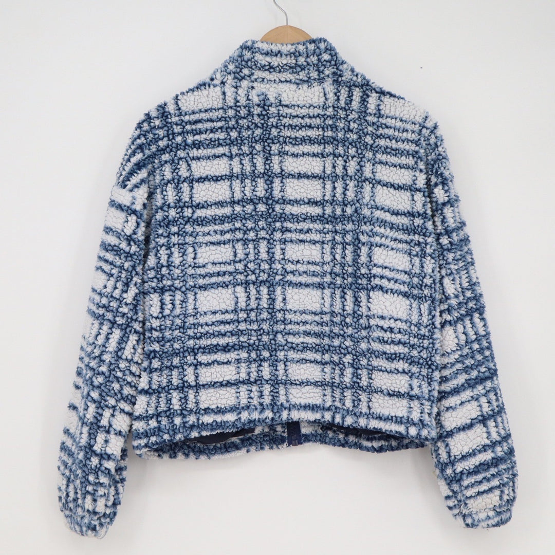 LA Hearts Womens Blue White Grid Plaid Sherpa Fleece Zip Jacket XS/S