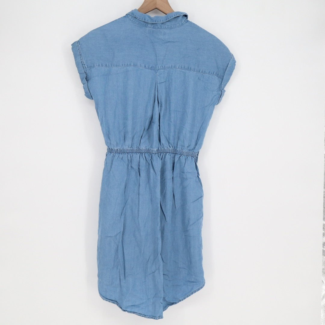 Japna Shirt Dress Women M Blue Denim Short Sleeve Spread Collar Drawstring Waist