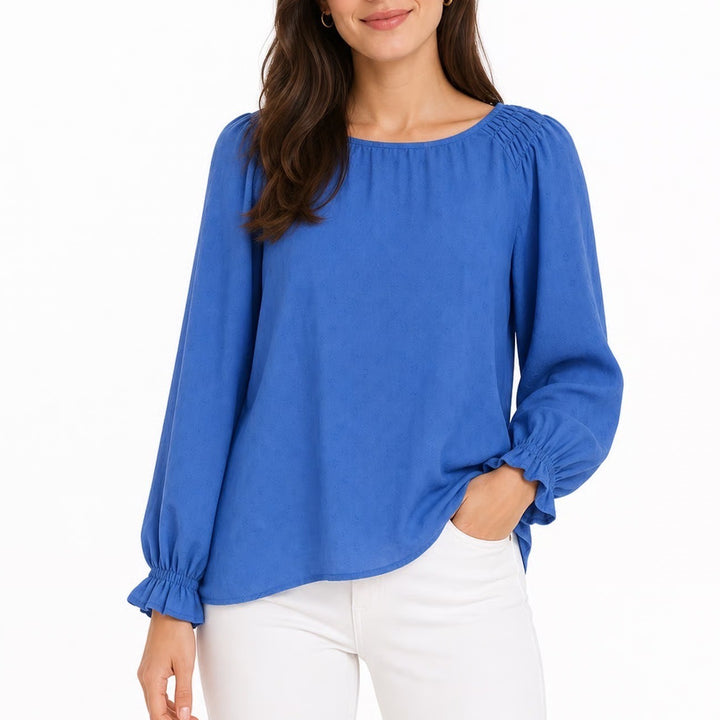 Jessica Simpson Periwinkle Blue Smocked Shoulder Ruffle Cuff Dobby Blouse Large